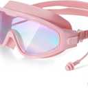 Adult Swimming Goggles,Leak-Proof,Anti-Fog Pool Glasses,Wide View Swim Goggles with Ear Plugs and Nose Clip (Dazzling Mirror Pink Frame)