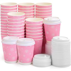 100 Pcs Snowflake Paper Coffee Cups 12 Oz Winter Disposable Extra Thick Insulated Beverage Cups with Leak Proof Lids for Wonderland Winter Christmas Party (Pink)