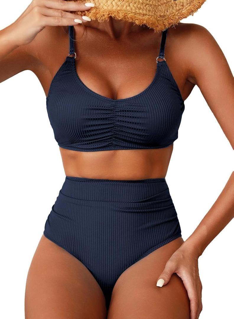 Herseas Women's Loop Straps Bikini Sets 2 Piece Shine Ribbed Swimsuits Ruched High Waisted Bathing Suits (Blue, XL)