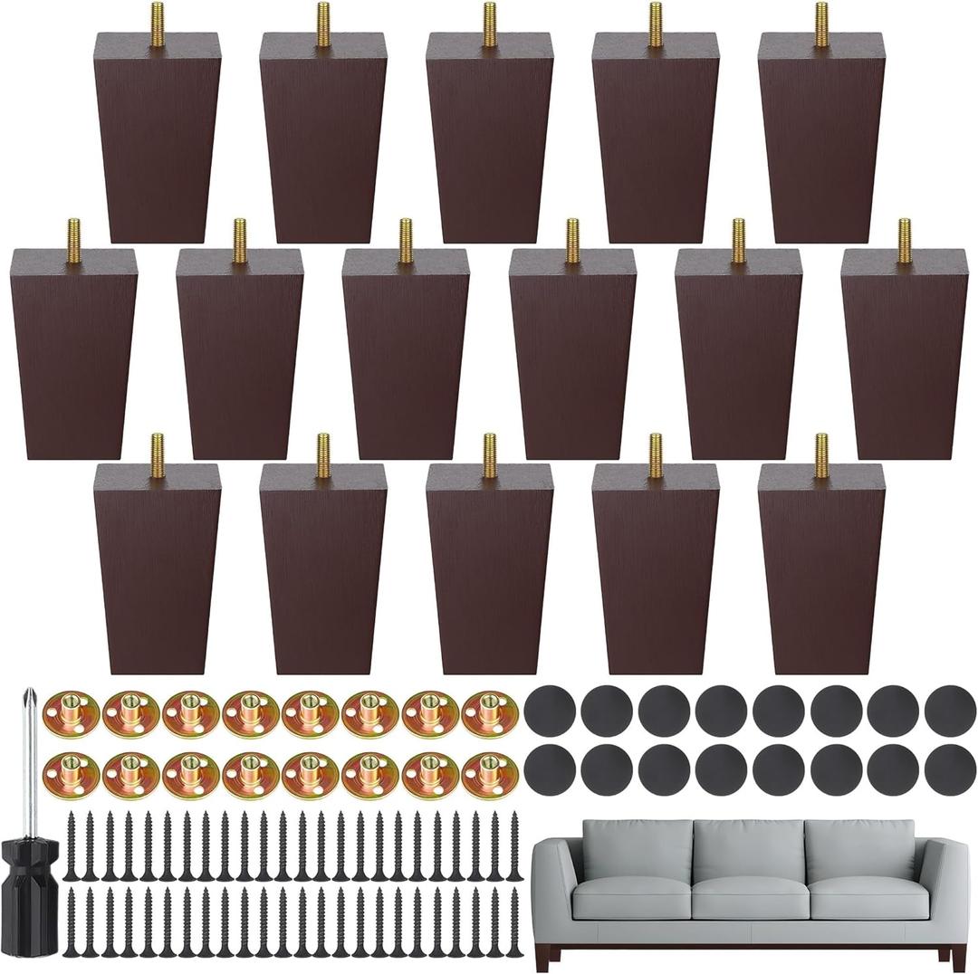 TURSTIN Set of 16 Brown 4 Inch Square Solid Wood Furniture Legs Wooden Replacement Feet for Sofa, Couch, Chair, Bed, Cabinet, Table, Includes Screws, M8 Iron Washers, Felt Pads & Screwdriver