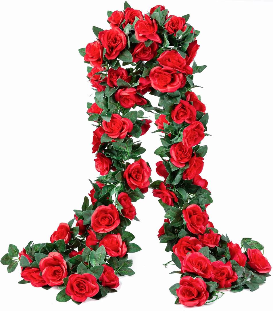 OWPFJG 2 Pack (16FT) Artificial Rose Vine Fake Flowers Garland Hanging Silk Rose Ivy Plants Vine for Mother's Day Wedding Arch Party Garden Wall Aesthetic Art Dcor (Red)