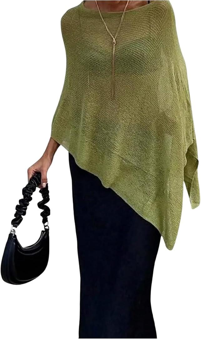 SHENHE Women's Sheer Poncho Shrug Top Lightweight Flowy Knit Sweater Poncho Pullover (Green)