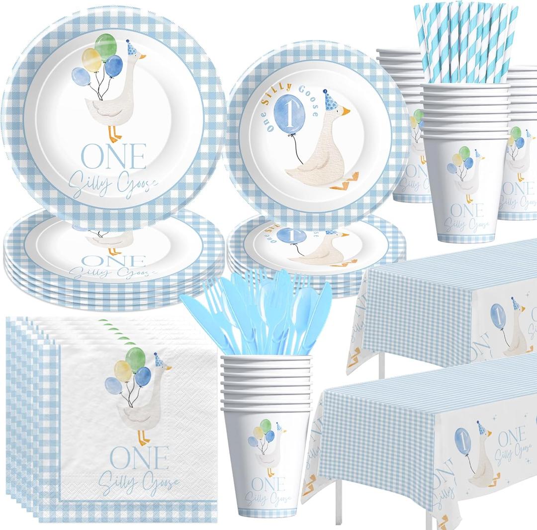 One Silly Goose First Birthday Decorations Tableware for Boys, Blue Goose 1st Birthday Party Supplies, Paper Plate, Cup, Napkin, Straws, Disposable Cutlery, Tablecloth, 24 Guests