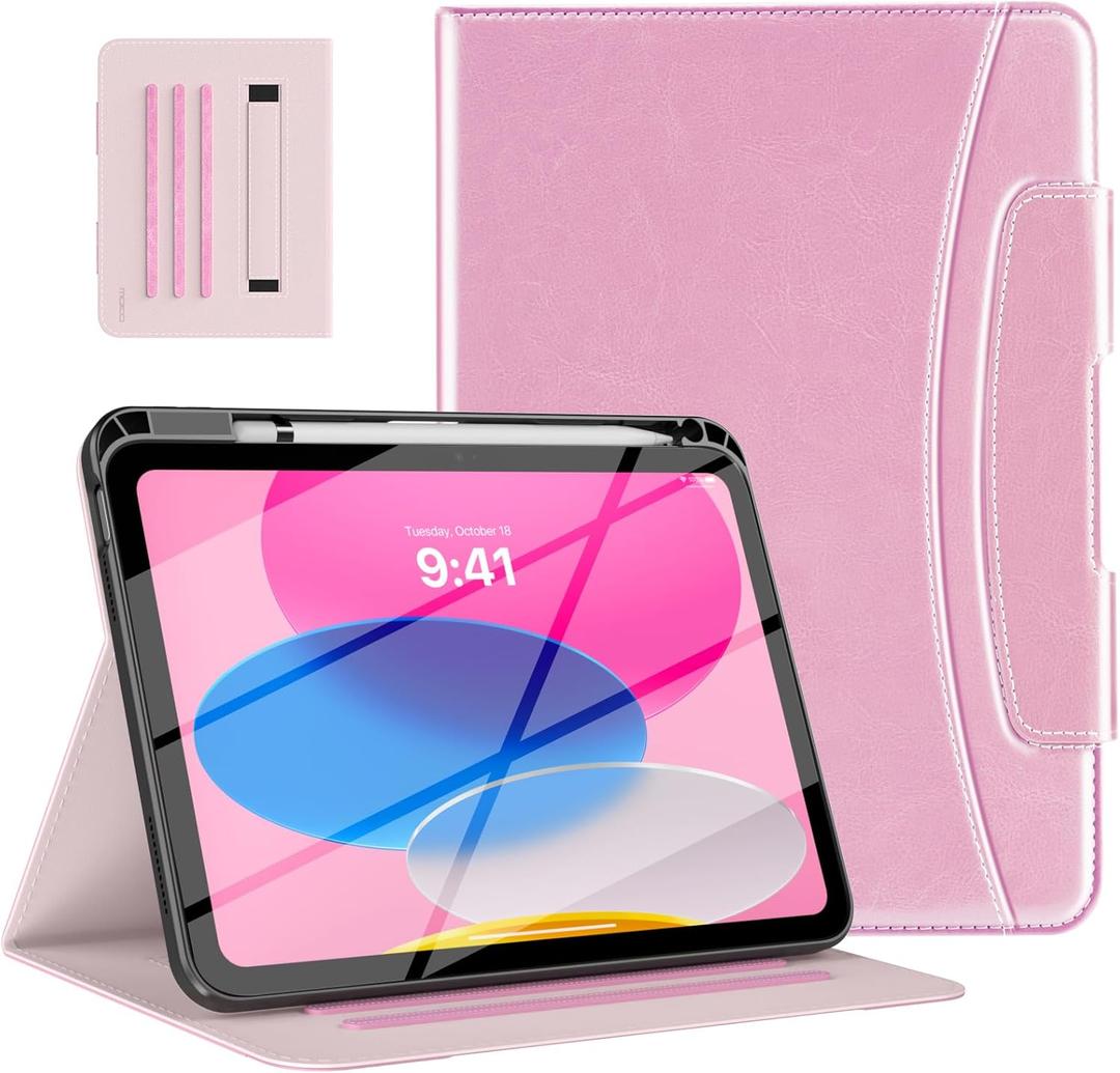 MoKo for iPad 10th Generation Case with Pencil Holder, Multi-Angle Viewing, Soft TPU Back Hand Strap, Pink