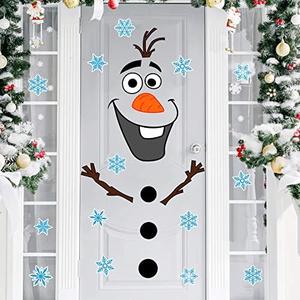 Christmas Door Stickers Decor, Christmas Snowman Olaf Refrigerator Stickers, Large Snowman Stickers with Snowflake Decals for Winter Funny Xmas Refrigerator Garage Door Wall Window Decorations(Pack of 2)