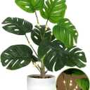 RECUTMS Fake Plants Tall 18In with Light Artificial Monstera Plant Potted Tropical Palm Tree in White Pot Faux Potted Greenery for Indoor Home Office Table Living Room Balcony Porch Outdoor Decor