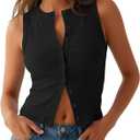Oakgarden Womens Button Down Tank Top Going Out Ribbed Sleeveless Shirt Cropped Fitted Vest Y2k Fashion Trendy Summer Clothes (Black, L)
