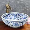 Leaf Flower Floral Painted Pattern Bathroom Ceramic Counter Top Wash Basin Sink Blue and White Porcelain Washing Round Bowl Vintage Antique Chinese Kasbah Moroccan Hand Craft Handmade, 
41 x 15.5cm