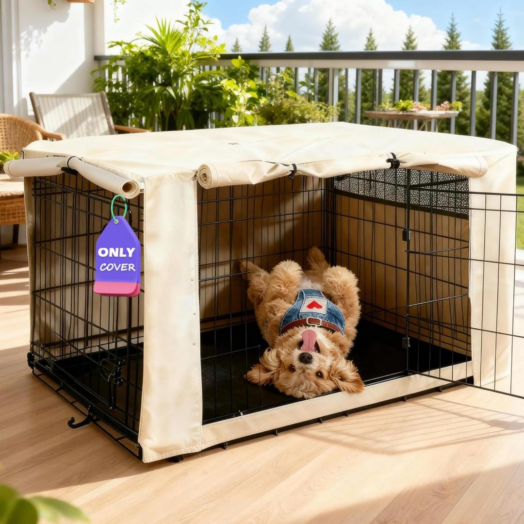 HiCaptain Dog Crate Cover 36.0" L x 23.0" W x 25.0" H with Breathable Mesh, Heavy Duty Kennel Cover, Dual Zippered Panels, Windproof Waterproof(Beige)