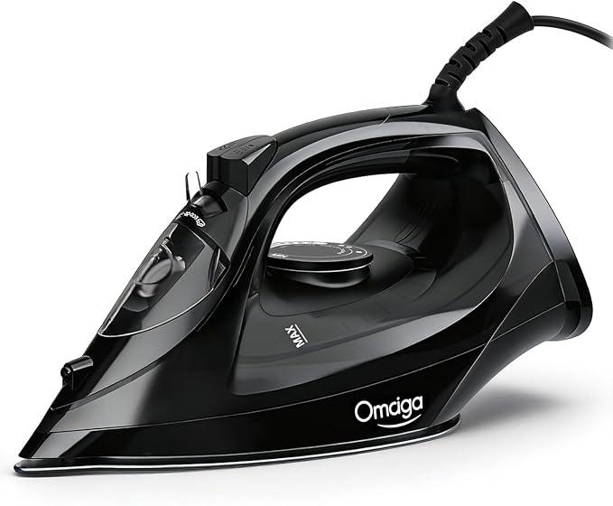 OMAIGA Steam Iron for Clothes, 1500W Iron with Rapid Heating, NonStick Ceramic Soleplate, Burst of Steam, SelfCleaning, AutoOff, AntiDrip, 11.84oz Water Tank Ironing Clothes for Home, Black