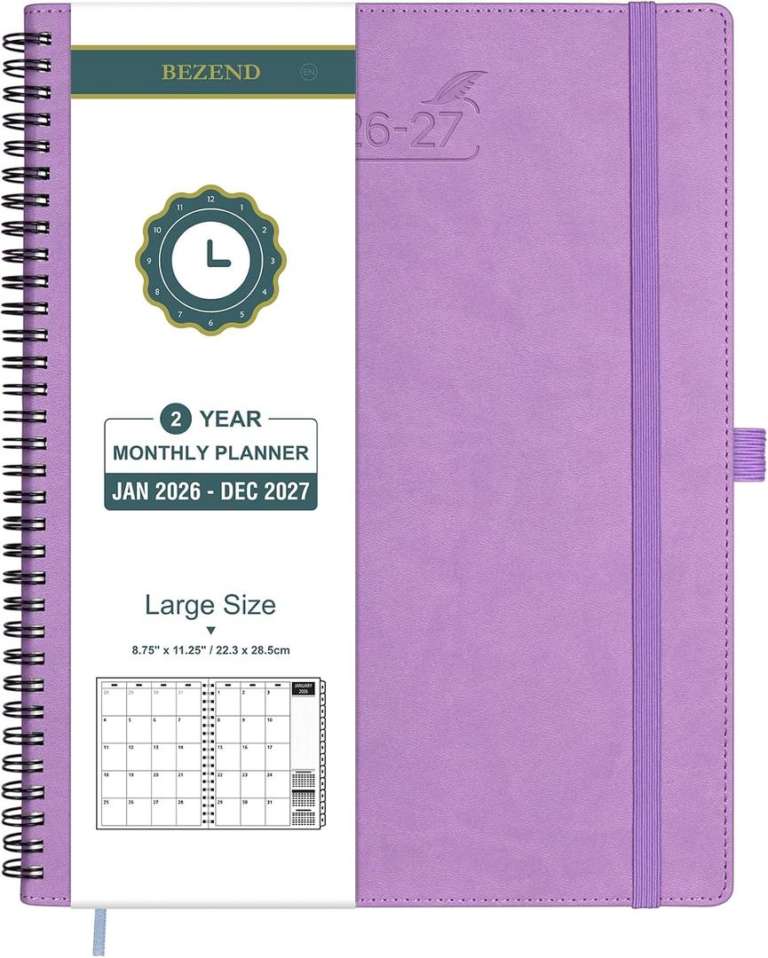 BEZEND Monthly Planner 2026-2027, 2-Year Calendar (8.5"x11") 120GSM Paper | 24 Months Agenda & Note Pages (Jan 26-Dec 27) Laminated Tab, 2 Storage Pockets, Office/Home, PU Leather Softcover, Lavender