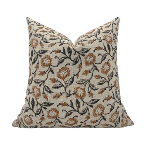 Pack of 2 Floral Block Print Pillow Covers, Decorative Vintage Design, for Living Room Couch, Sofa, Throw Pillow Cover, 18x18 Inch Neutral Floral Pillow Covers, Print on One Side Only