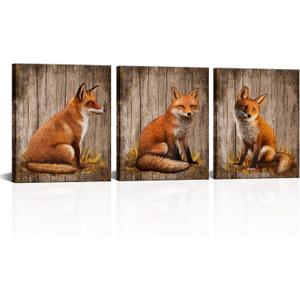 RnnJoile Rustic Canvas Wall Art Red Fox Portrait Picture Print Wild Animal Painting for Home Cabin Farmhouse Decor Framed 16"x20"x3pcs (Medium)