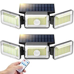 Mokot Solar Lights Outdoor, 218LED 2500LM Solar Motion Sensor Outdoor Lights, 3 Head IP65 Waterproof Solar Powered Flood Security Lights for Outside Pack of 2