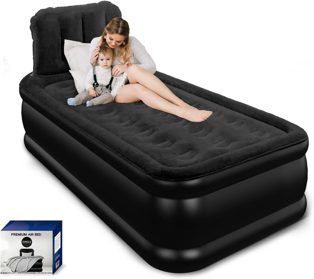 Twin Air Mattress with Headboard, Built-in Pump, Supports 500 lbs, Quiet Noiseless Design, 48-Hour Leak-Tested, 2.5 Min Fast & Easy Inflation/Deflation, Portable Blow Up Bed for Home, Guests & Camping (Black)