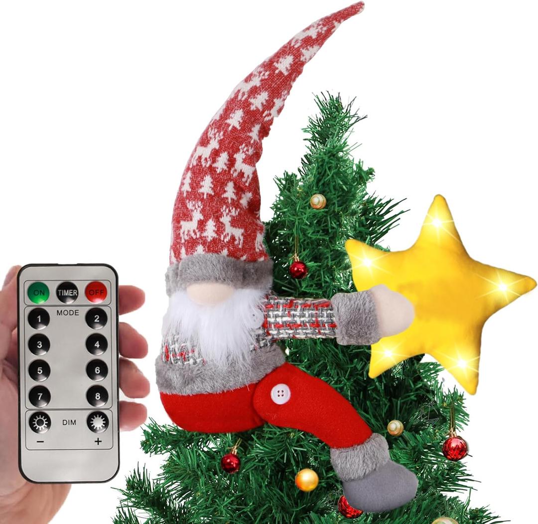 Christmas Tree Topper Gnomes Decorations with Lights,21.7 Inches Handmade Embrace Christmas Tree Gnome with Lighted StarChristmas Home Decor Curtain Tie Bottle Decoration (Red Hat)