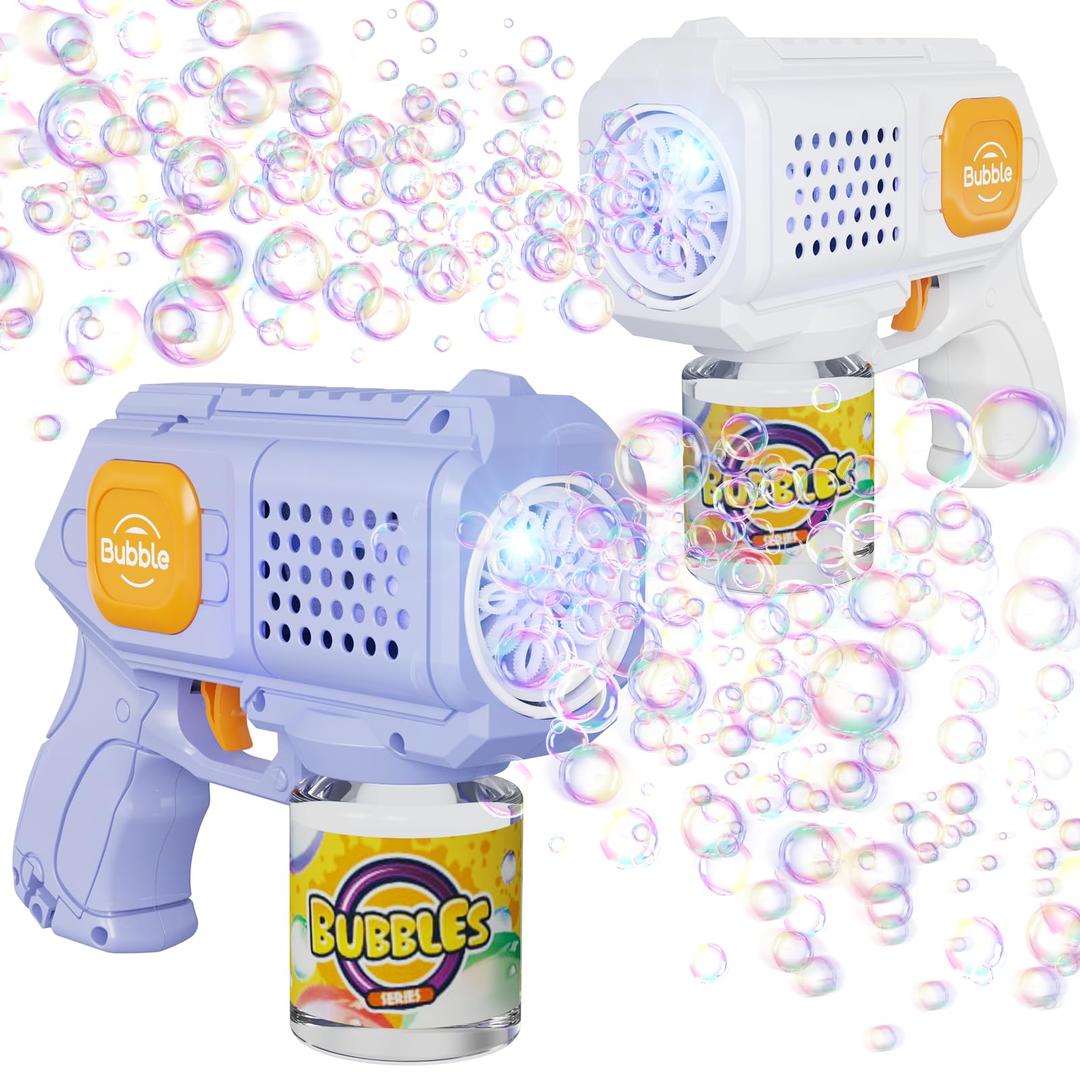 2 Packs Bubble Gun for Kids Automatic bubbele Maker with 10 Holes/Lighting/10000+Bubbles/Min Portable Bubble Machine with Bubble Solution Best Toy Gifts for Birthday/Party/Wedding (White and Purple)