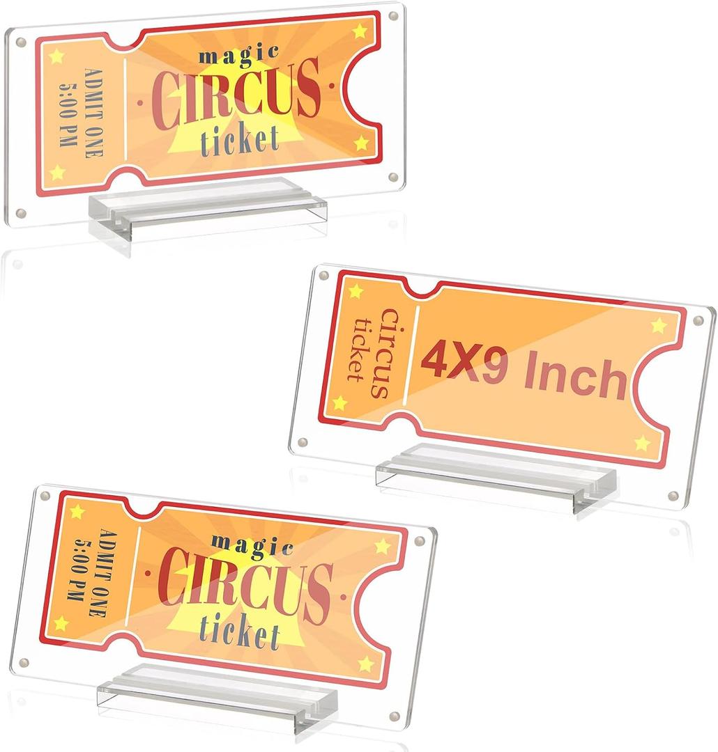 3 Pcs Acrylic Ticket Stub Holder with Base 4x9 Inch Clear Ticket Stub Display Ticket Stub Organizer Double-Sided Ticket Protector for Display and Protect Movie Concert Show Play Ticket