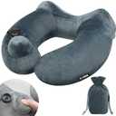 1 Pack Inflatable Travel Neck Pillow with Compact Bag and Washable Cover for Sleeping Airplane Soft Velvet Pillow for Long Flight Neck Cushion for Head Support Car Home Office (GreyGreen 1pack)