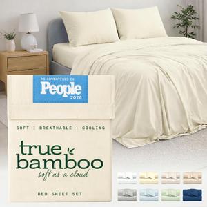 TRUE BAMBOO Sheets Set Queen Size - Silky Soft & Naturally Cooling for Hot Sleepers - Luxe 4 Piece Bed Sheets with Breathable & Moisture-Wicking Fabric - 16" Deep Pocket, Butter Yellow