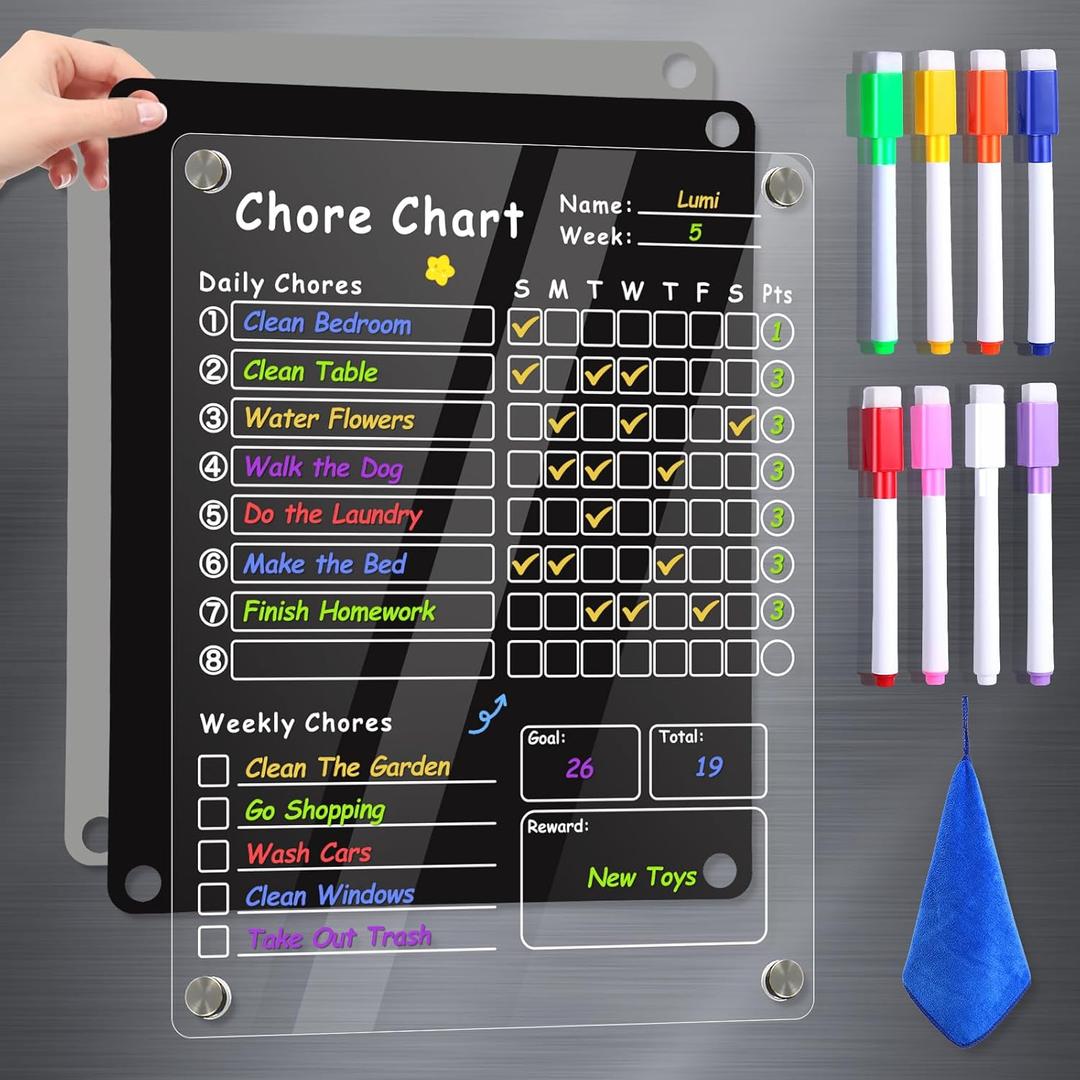 Acrylic Magnetic Chore Chart for Kids, Chore Board, Dry Erase Chore Chart, 12"x9.5" Transparent Erasable Reward Chart for Teens and Adults Chore Checklist with 6 Markers and Towel
