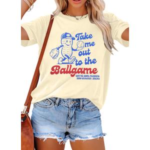 ALLTB Baseball Shirts Women Funny Baseball Mom Shirt Ballgame Graphic Tshirt Game Day Fan Tee Casual Short Sleeve Top (Beige, L)