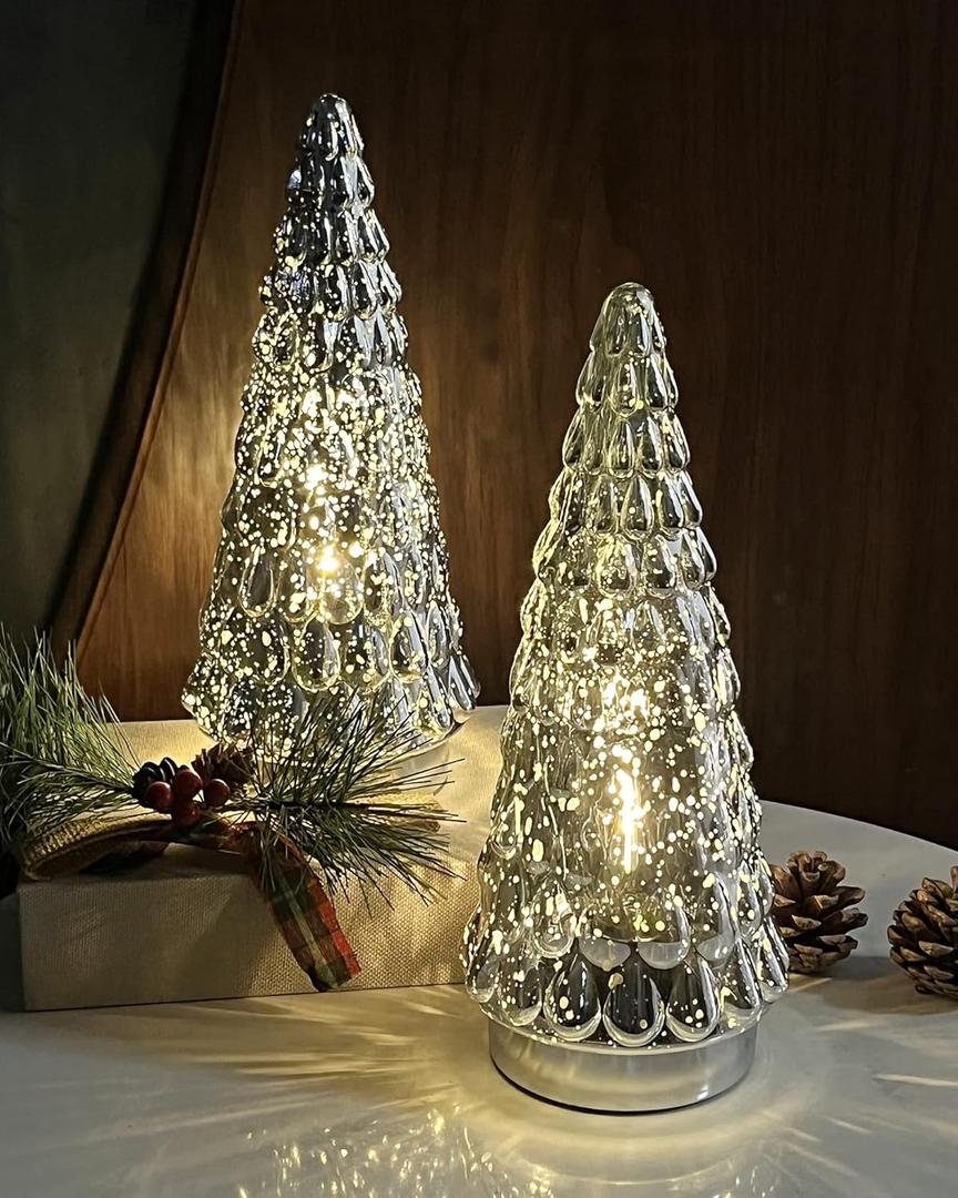 SHMILMH Silver Mercury Glass Christmas Tree, Small Tabletop Christmas Tree with Light, Battery Operated Mini Xmas Tree for Fireplace Bathroom Decor 10", Set of 2