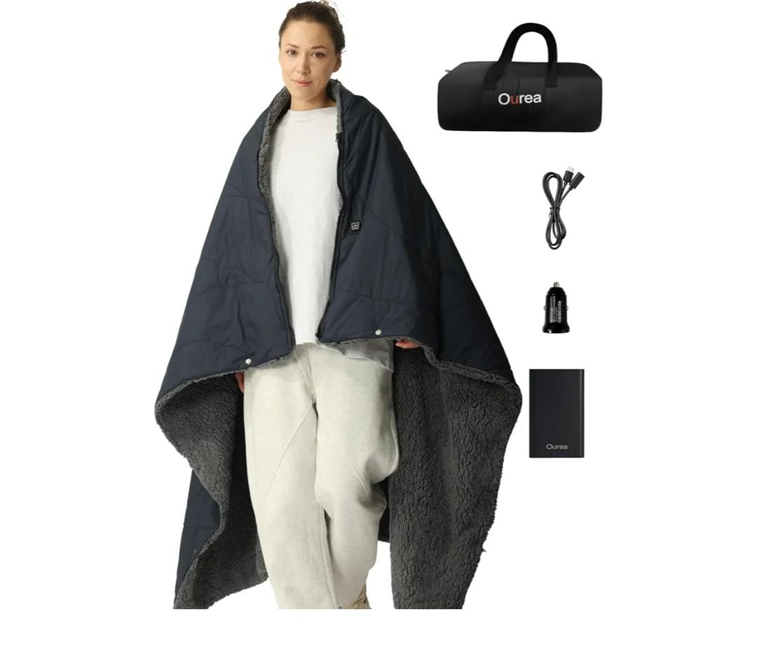 Ourea Battery Operated Heated Blanket for Outdoor Use-Rechargeable 12v Cordless Heated Blanket with 3 Heating Levels, Includes 20000mAh Power Bank, Portable for Camping, Car, Stadium, Indigo