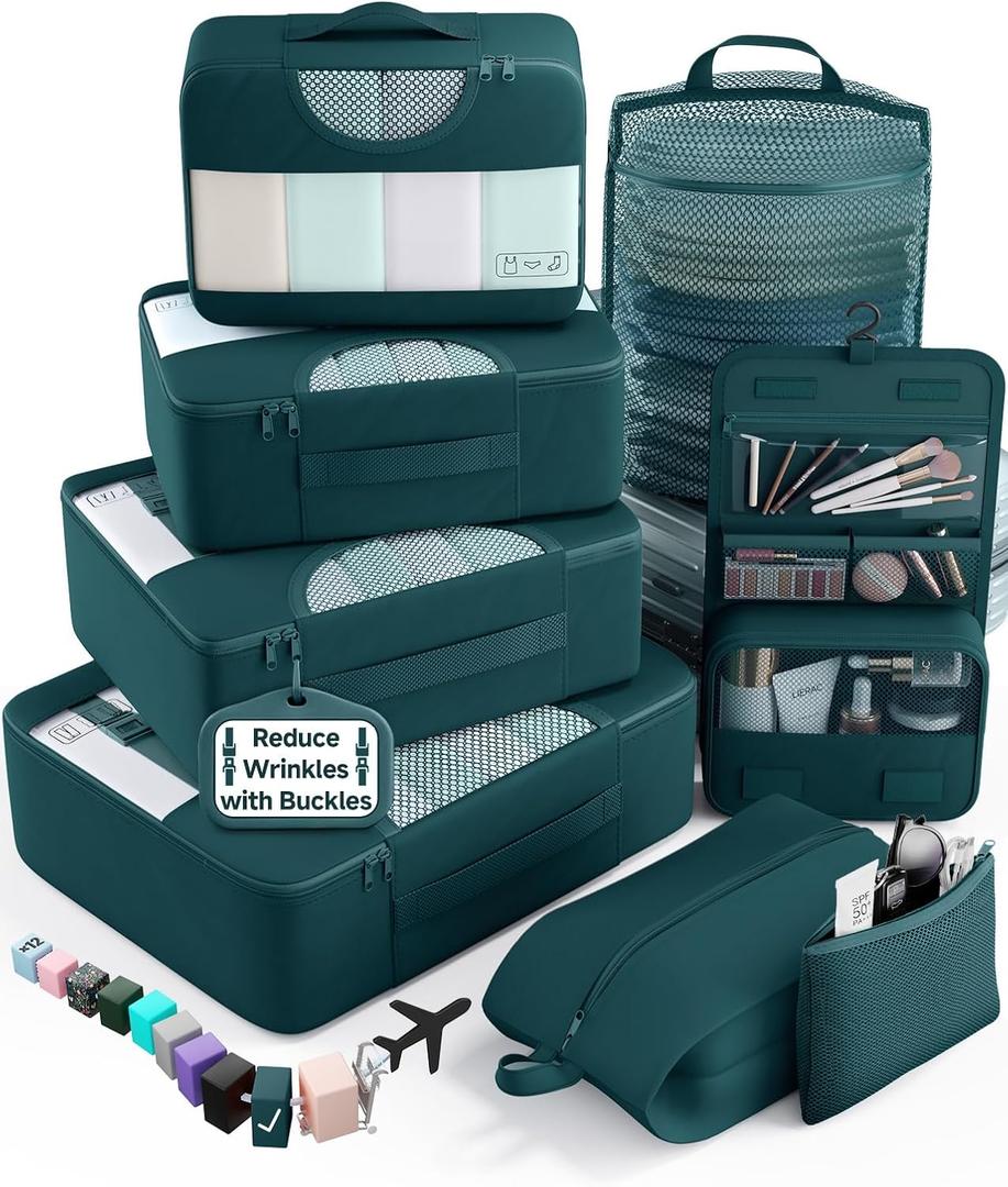Veken 8 Set Packing Cubes for Travel Essentials,Anti-Wrinkle Buckled Suitcase Organizer for Shoe & Toiletry Bag,Carry On Luggage Bag with 99+ Count Mesh Holes for Airplane & College Dorm Accessories