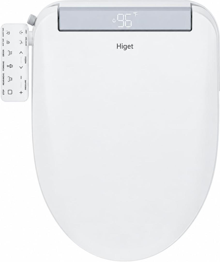 Higet Heated Bidet Toilet Seat, Electric, Elongated, Side Control Panel