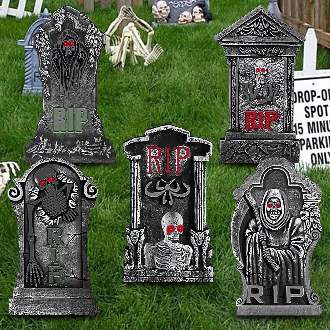 Halloween Decorations, 5 Pack Foam RIP Graveyard Tombstones, Graveyard Headstone Decorations with 10 Bonus Stakes for Lawn Outside Decor (17In)
