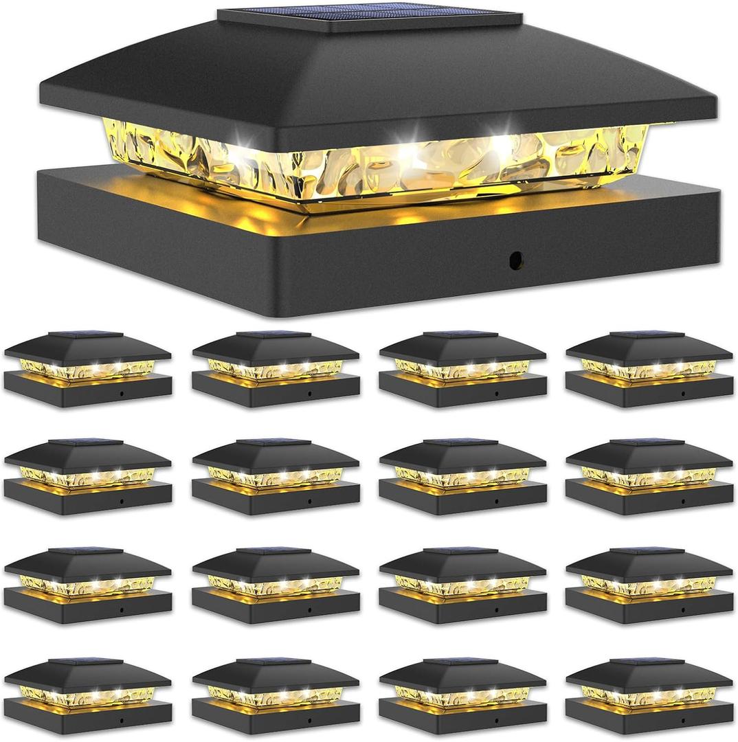 VOLISUN 4x4 Solar Post Cap Light 16pack, Solar Fence - Post Lights Outdoor Waterproof for Wooden/ Vinyl Post, Black Deck Post Cap Light Solar Powered with Warm White for Garden/ Patio/ Porch