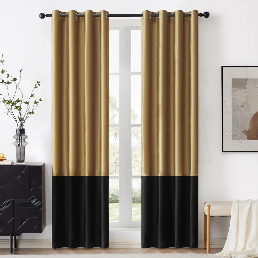 Gold Black Velvet Curtains 84 inch Color Block Blackout Luxury Modern Living Room Curtain Privacy Light Blocking Thermal Insulated Soundproof Room Darkening Energy Saving Drapes for Bedroom 2 Panels