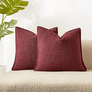 JUSPURBET 22x22 Throw Pillow Covers Set of 2 Decorative Pillow Covers for Couch Sofa Bed Cozy Boucle Textured Cushion Covers Cases with Invisible Zipper for Living Room Home Decor,Burgundy