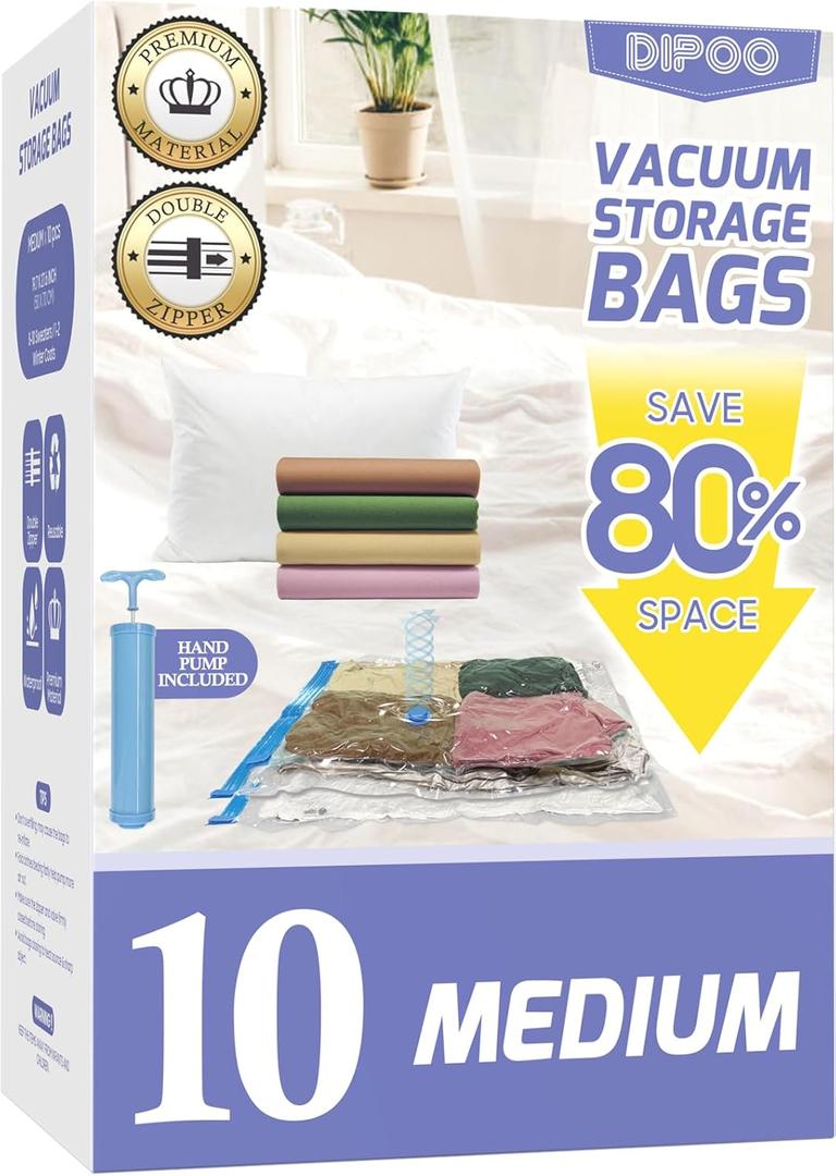 10 Pack Medium Vacuum Storage Bags with Hand Pump, 80% Storage Space Saving, Sturdy Leak-Free Space Saver Vacuum Seal Bags for Clothing, Vacuum Compression Bags for Travel Luggage