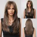 HAIRCUBE Dark Brown Wigs for Women,Long Layered Brown with Highlight Wigs with Bangs Heat Resistant Synthetic Fibre Wigs(pelucas de cabello natural)