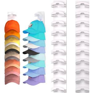 2 Pack Hat Organizer for Baseball Caps, Hat Rack for Wall with Strong Adhesive, Hold Up to 20 Hats, Hat Rack for Door Closet, Multi-Tier Hat Organizer, Two Mounting Options (White)