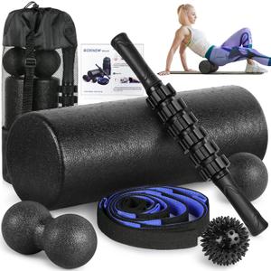 Foam Roller Set - High Density Back Roller, Muscle Roller Stick,2 Foot Fasciitis Ball, Stretching Strap, Peanut Massage Ball for Whole Body Physical Therapy & Exercise, Back Pain, Leg, Deep Tissue (16.5-inch Foam Roller)
