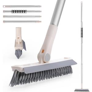 Grout Brush with Long Handle, 2 in 1 V-Shaped Floor Scrub Brush for Cleaning, Bathroom, Garage, Wall, Patio, and Tile, Stiff Bristle Brush with 54'' Telescopic Handle