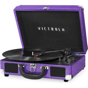 Victrola Journey Bluetooth Portable Suitcase Record Player  with Built-in Speakers, 3 Speed Vinyl Record Player, RCA Out, Headphone Jack (Purple Glitter)