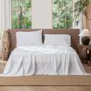 MooMee Flat Top Sheet Only 100% Washed Cotton Linen Like Textured Breathable Durable Soft Comfy (Bright White, Queen)