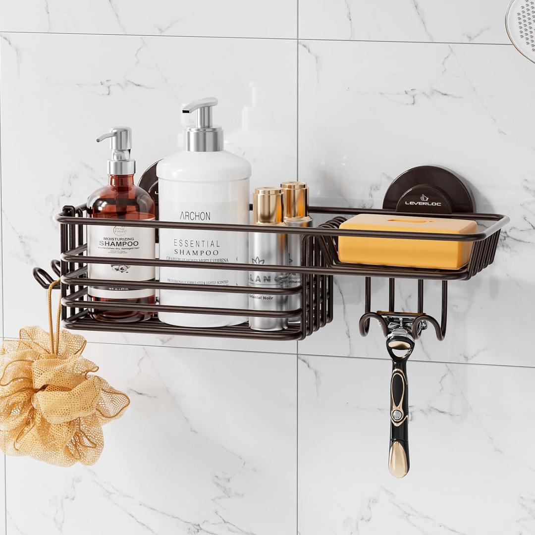 LEVERLOC Shower Caddy Suction Cup, Heavy Duty Bathroom Organizer for Inside Shower with Hooks & Soap Holder NO-Drilling Bathroom Holder-Brown (1  Medium)