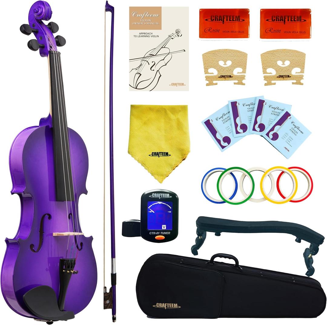 Crafteem 4/4 Full Size Fiddle Purple Colored Premium Violin Outfit for Beginners Adults Kids With 5 Color Fingering Tape- Handcrafted Student Beginner Violin. (Purple, 4/4 Full)