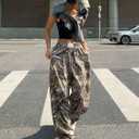 ZAFUL Women's Camo Cargo Pants Y2K Elastic High Waisted Wide Leg Casual Straight Pants Joggers Sweatpants with Patch Detail (S)