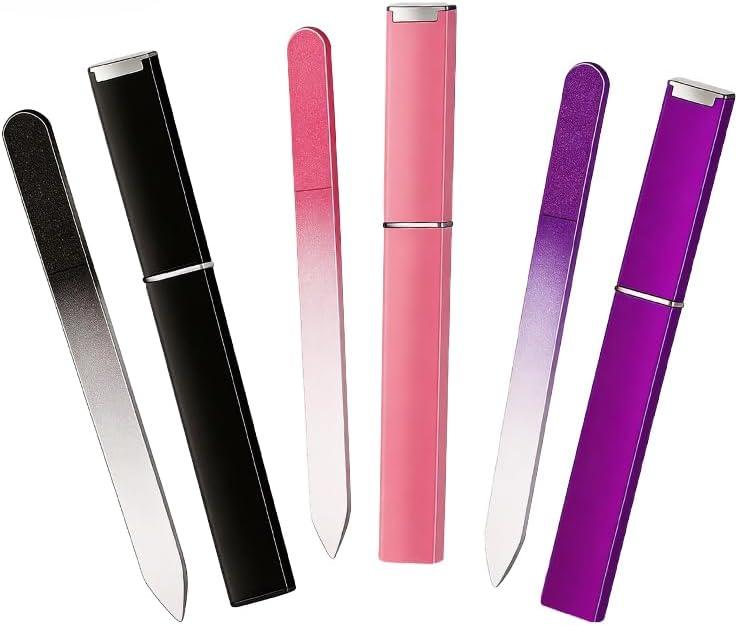 3 x Glass Nail Files for Natural Nails Double-Sided Crystal Fingernail File with Case Portable Gifts for Women Girls, Purple Rose Black, 3 Pack