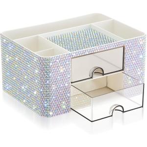 Silver Bling Desk Organizer with 2 Drawer, Room Decor Gift for Teen Girls Women Christmas Birthday Make up Organizer for Vanity Countertop Skincare Desktop Rhinestone Pen Holder