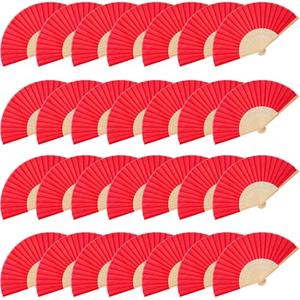 JOHOUSE 28 Pcs Fabric Folding Hand Fans, 8.3 Inch Red Fabric Folding Fans Handheld Portable Bulk Crafts for Wedding, Dancing, Chinese and Japanese Style Hibachi Party DIY Decorations