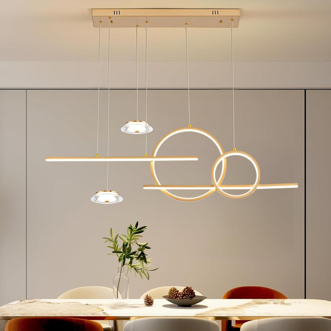 Modern Gold LED Dining Room Light Fixture with Remote Control, 38.5" 38W 3-Color Temp Stepless Dimmable Island Pendant Lights, Hanging Adjustable Linear Chandelier for Kitchen Bar