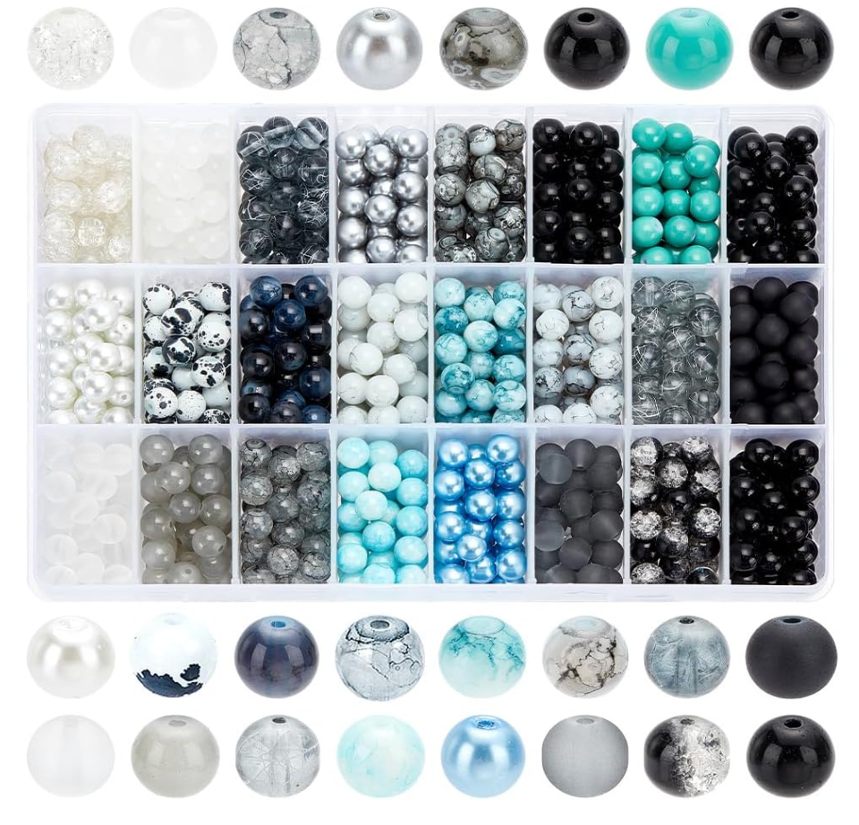 1080pcs 8mm Glass Beads 24 Color Black Bracelet Beads Round Crystal Glass Bead Marble Rosary Loose Bead for Bracelet Necklace Jewelry Making Supplies Women Men Eid Mubarak Ramadan Decoration