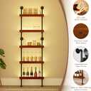 Wall Mounted Wine Rack with LED Light, LED Industrial Pipe Liquor Bar Shelves, 5-Tier Rustic Hanging Organizer for Wine Bottle Storage in Kitchen, Bar, Pub, Cellar (Walnut Brown, 24 Inch)